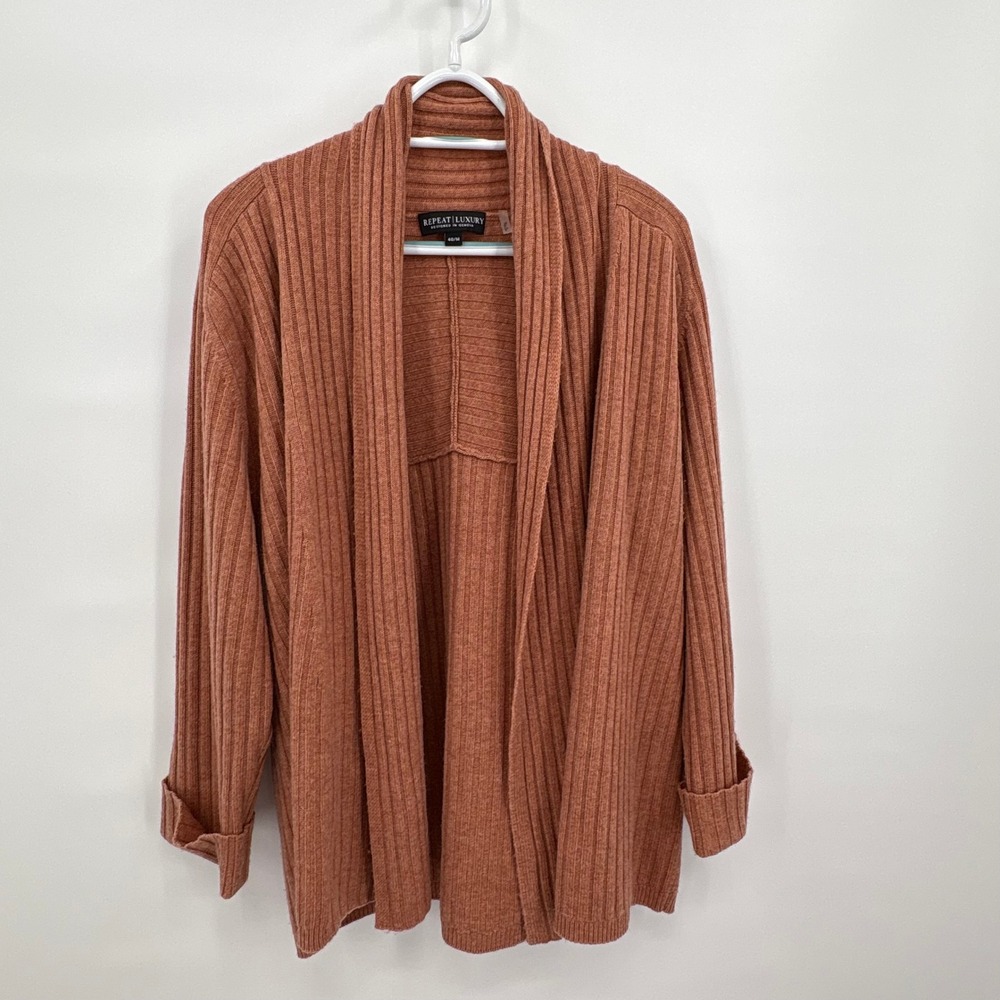 Repeat Luxury Wool Cashmere Ribbed Shawl Cardigan Terracotta Orange 40 M